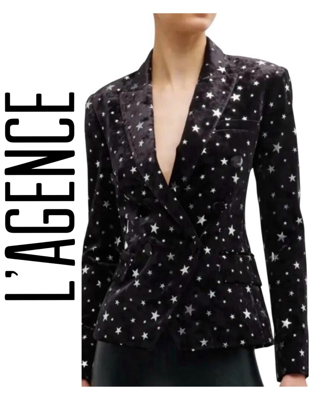 L’AGENCE Kenzie Star Print Glam Blazer Jacket ~ Black Silver metallic velvet